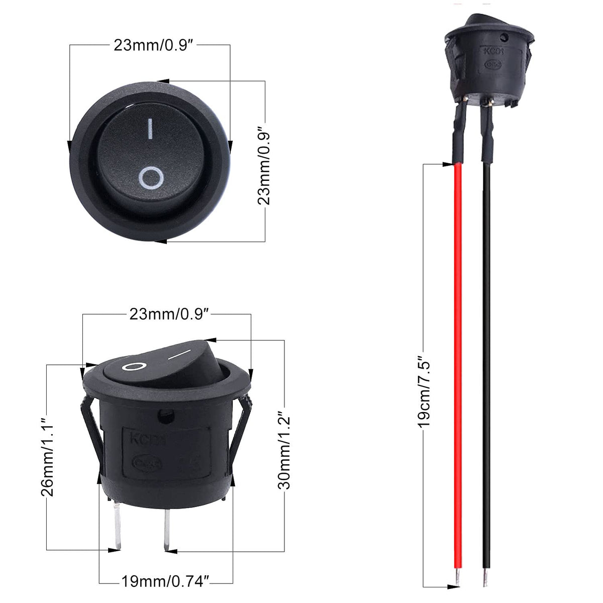 Rocker Switch ON/Off SPST 2Pin Latching Toggle Switch Snap Round with ...