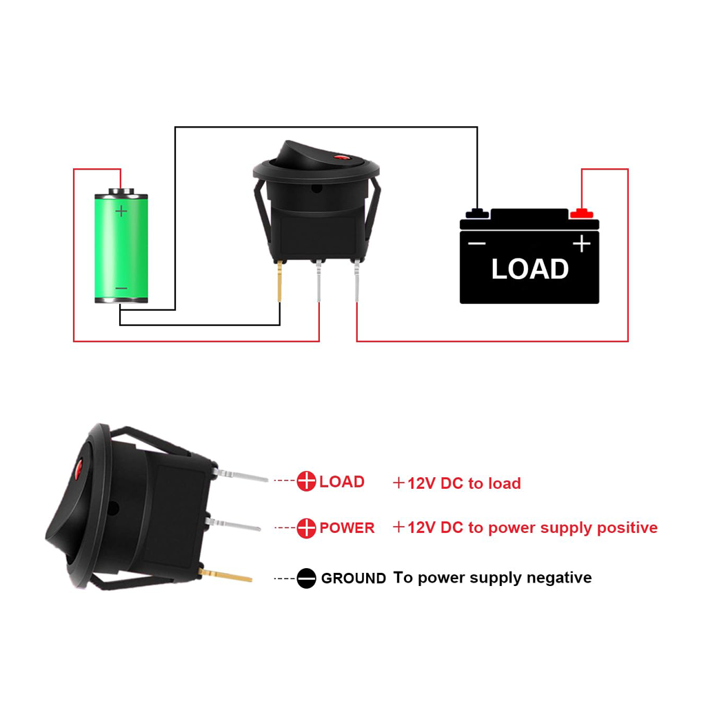 Round Rocker Switch Red LED 12V 20A 3Pin Wired LED Light Power On Off